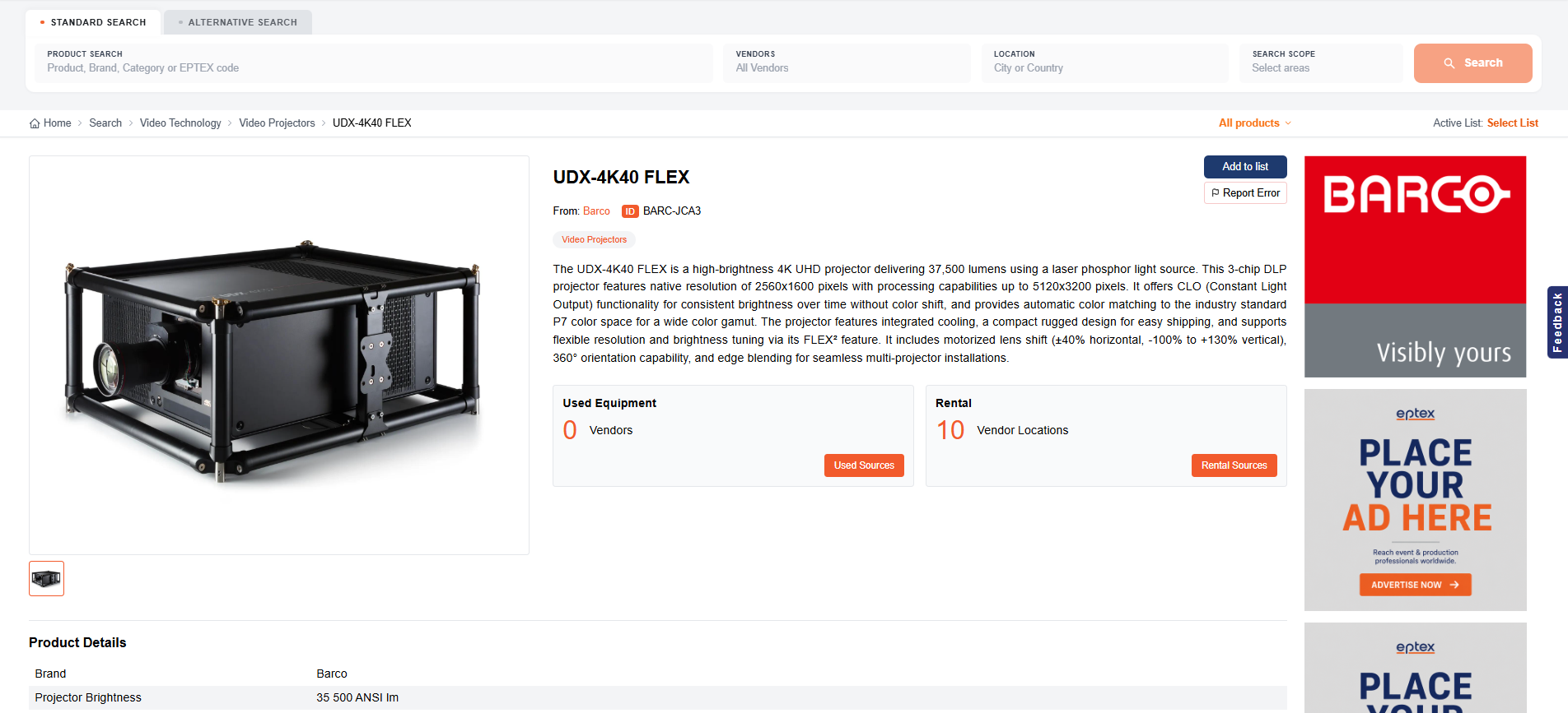 eptex.com product page with technical data and manufacturer logo
